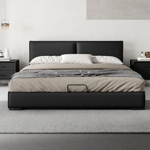Lit double moderne et minimaliste en cuir noir avec rangement à vérin à gaz et tiroirs latéraux – Cadre de lit plateforme de luxe Queen/King - Product Image 4