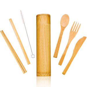 <span class=keywords><strong>Set</strong></span> di posate portatile in bambù tradizionale (cucchiaio, forchetta, coltello, spazzolino) con custodia per viaggi, campeggio, feste e ristoranti - Product Image 2