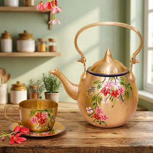 Golden Floral Tea Kettle With <b>Lid</b> Metal Handle Water <b>Pot</b> Flower Design - Product Image 5