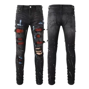 Custom Streetstyle Skinny Fit Denim Ripped Jeans Rhinestone Jeans OEM Design Mens Distressed Trousers with Splatter