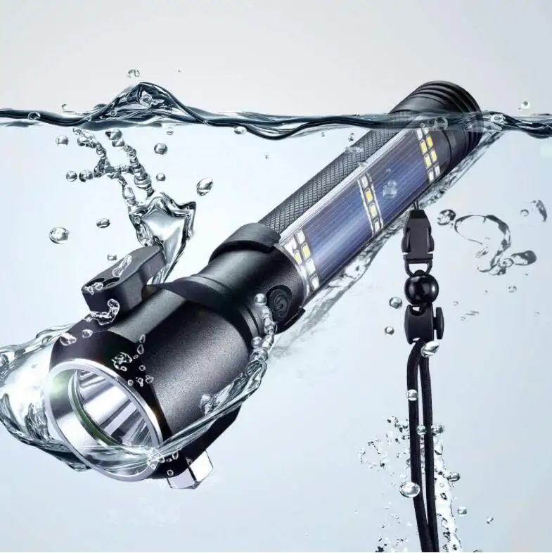 Linterna táctica alimentada por energía Solar, linterna LED impermeable para coche, recargable por USB, con martillo de seguridad