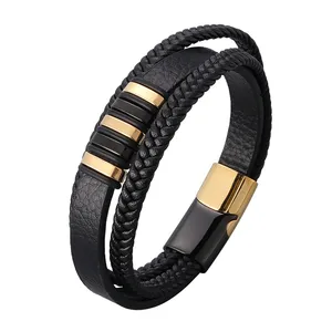 Bracelet en cuir tressé or noir pour homme, bijoux Punk, fermoir magnétique en acier inoxydable, à la mode, 1 pièce