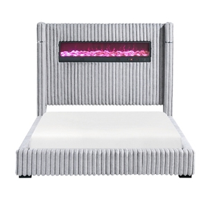 Base de Cama Queen Moderna de Lujo con Cabecero Wingback, Chimenea Eléctrica Integrada, Altavoz, Tapizada en Madera de Ingeniería y Corduroy Gris - Product Image 2