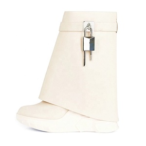 Women Wedge Ankle Boots Black Turn Over High <b>Heel</b> <b>Round</b> <b>Toe</b> Short Female Shark Lock Causal Increasing Height Shoes - Product Image 2