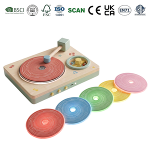 Hölzerner Simulations-Plattenspieler Kinderspielzeug Farbenfrohe Lichtshow Eingebaute Lieder Wiederaufladbar Frühpädagogisches Musikspielzeug - Product Image 1