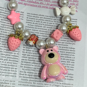 Collar de abalorios de oso de fresa bonito y encantador, collar tierno para mujer, joyería con lazo, collar de perlas con estrella - Product Image 2