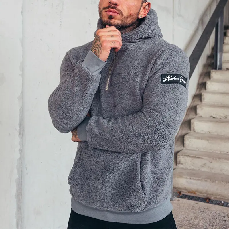 Kış polar 1/4 Zip Hoodies spor rahat erkek Hoodie kazak uzun kollu erkek düz Hoodie