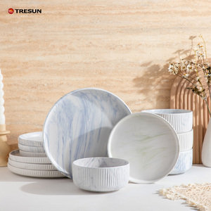Service de vaisselle en grès marbré, assiettes marbrées émaillées et bols à nervures verticales, vaisselle moderne et élégante, vente en gros personnalisée - Product Image 3