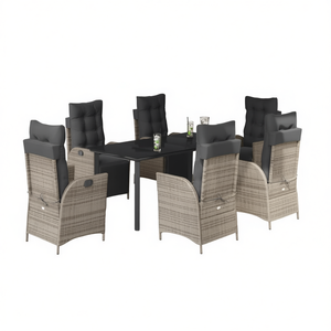 7 Piece <b>Grey</b> Poly Rattan Garden <b>Dining</b> <b>Set</b> With 6 Chairs And Black <b>Table</b> Contemporary Outdoor Furniture Weather Resistant Steel - Product Image 1