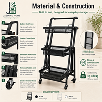 Chariot utilitaire pliable et roulant en métal, chariot de rangement, étagère d'organisation domestique personnalisée, fourniture OEM ODM pour acheteurs mondiaux