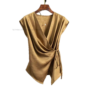 Women's Satin Wrap Front <b>Top</b> Sleeveless V-Neck Tie-Waist Casual Blouse Shirt Fashion - Product Image 1