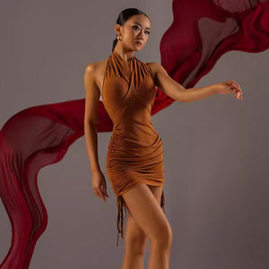 TONGYANG robe de danse latine à col licou vêtements de danse latine pour adultes été noir marron robe de pratique Rumba Samba <span class=keywords><strong>Salsa</strong></span> vêtements de danse - Product Image 2