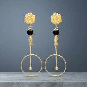 New Arrival <b>Black</b> Onyx Gemstone Fish Design Gold Plated Ethnic Drop <b>Earring</b> with Hexagon Stud for Engagement & Wedding Unisex - Product Image 3