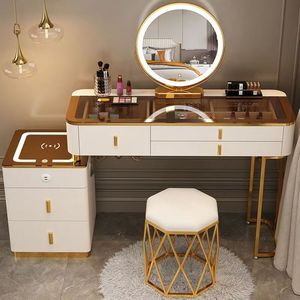 Modern Makeup <b>Vanity</b> Dresser Set LED <b>Mirror</b> Wireless Charging White Gold Accents Bedroom Furniture Living Room Solid Wood - Product Image 4