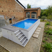 Piscine hors sol modulaire avec structure, pour jardin extérieur, ensemble complet avec pompe, filtre, accessoires et conteneur.