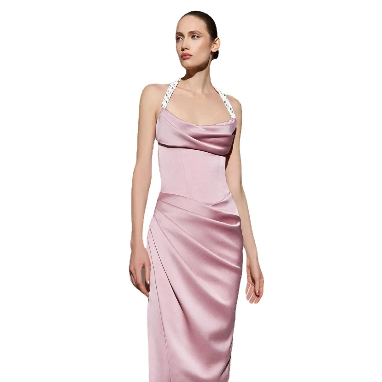 Spring Summer Women Luxury silky midi Sexy Pleated halter Formal Evening slip Dress elegant Pink Satin Gown