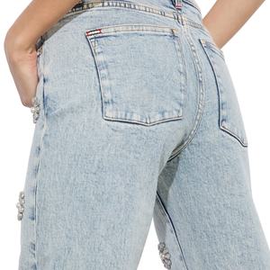 Jeans de mezclilla personalizados OEM con pedrería para mujer, pantalones anchos y holgados, jeans rectos de cintura alta para mujer - Product Image 5