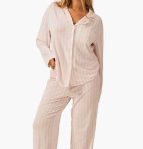 Vêtements en modal à rayures personnalisés ODM Ensemble de vêtements de détente respirant en 2 pièces Ensemble de pyjama en tricot doux élégant pour femmes Vêtements de nuit grande taille pour femmes - Product Image 1