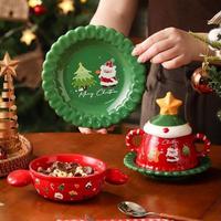 Ensemble de vaisselle en céramique de Noël, tasse de Père Noël en dessin animé avec couvercle, avec boîte cadeau exquise, pour cadeau de Noël et décoration de table de fête