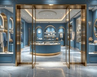 Vitrine de présentation haut de gamme personnalisée bleue et or, vitrine en verre pour bijoux et vêtements