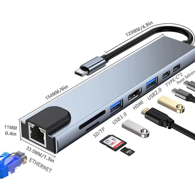 8 in 1 USB C Hub PVC USB 3.0 Type C Hub with TF SD Card Reader 4K OTG Adapter Splitter Compatible for Laptop Charging Data