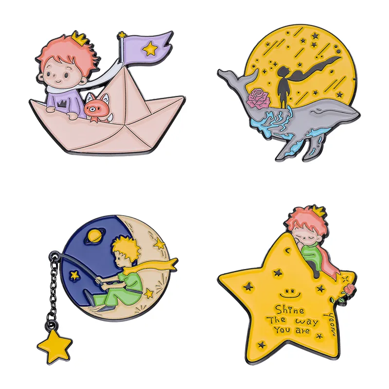 Bros Pangeran rubah kustom kertas Bintang Bulan perahu paus dengan rantai lembut pin enamel lencana hadiah kartun untuk anak-anak