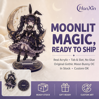 Figurine en acrylique Fille Lapin Gothique avec Lune, Design Original, En Stock, Découpée avec Fente pour Support, Base Ronde Cercle Magique, Transparente, Vente en Gros