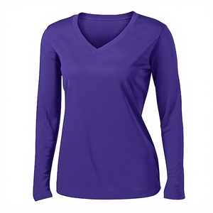 T-shirt à manches longues pour femme, col en V, personnalisé, 100% polyester, fournisseur OEM ODM, chemises à manches longues pour femme, anti-transpiration - Product Image 2