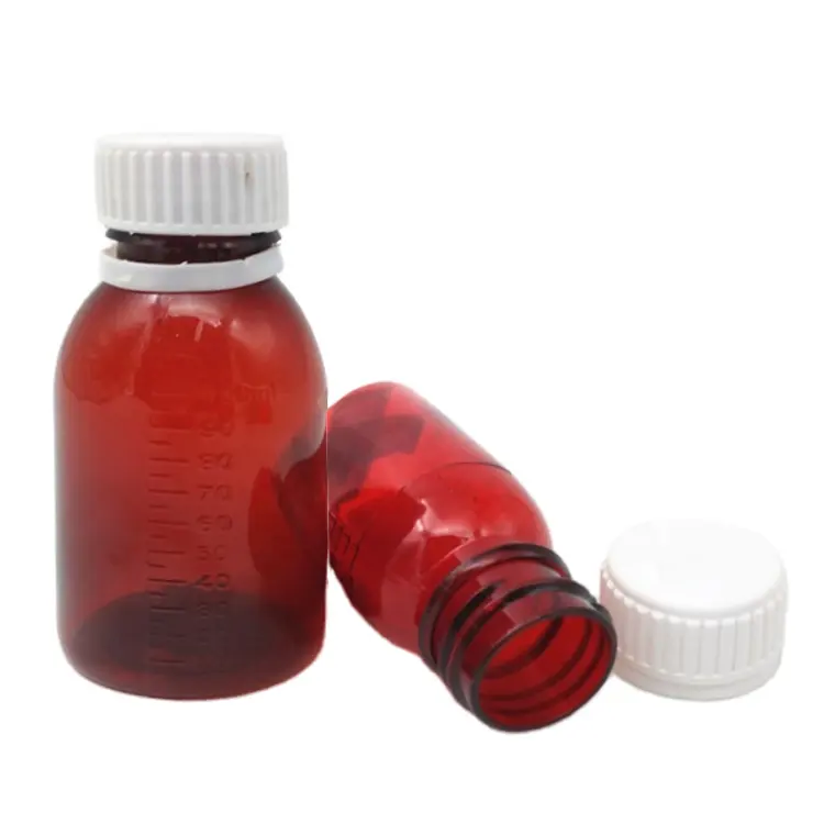 Sıcak satış plastik ilaç şişesi kırmızı şeffaf plastik şişeler için oral sıvı ilaç ile ölçek işareti