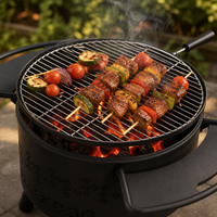 Barbecue au charbon de bois portable moderne 57 cm, cylindre en acier inoxydable pour extérieur, grille de cuisson, dispositif de sécurité anti-flamme, 2 tables latérales pliables