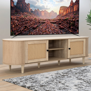 Curve Design <strong>TV</strong> Cabinet Living Room <strong>TV</strong> Stand Entertainment Center with Two <strong>Rattan</strong> Decor Doors &amp; Shelves <strong>TV</strong> <strong>Unit</strong> for Living Room - Product Image 2