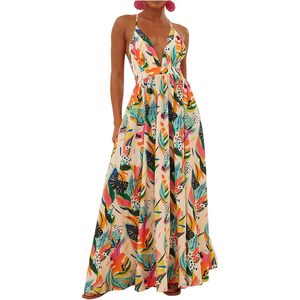 Vestido Maxi Halter con Estampado Botánico Colorido para Mujer, Cuello en V Profundo, Cintura Imperio, Corte en A, Atuendo de Vacaciones, Tejido Transpirable - Product Image 1