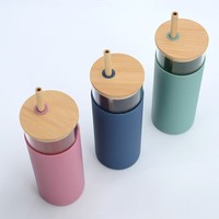 Cadeau promotionnel Logo personnalisé 500ml gobelets à eau en verre pour le camping avec manchon de protection en silicone couvercle en bambou et paille