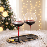 Verre à vin rouge en cristal Helia avec pied rouge et base noire, grand gobelet à bol rond pour les fêtes et cadeaux