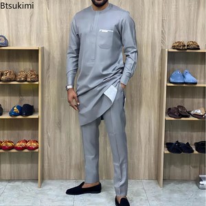 Nouveaux ensembles de costumes Kaftan pour hommes, style africain, chemises à manches longues et pantalons, ensembles simples pour hommes en 2 pièces, vêtements de club, de <span class=keywords><strong>mariage</strong></span> et de vacances - Product Image 1