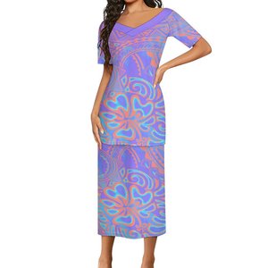 New Style Layered Ruffle V-Ausschnitt Puletasi Samoan Kleid Gute Qualität Polynesian Samoan Tribal Long Top und Röcke 2-teiliger Anzug - Product Image 3