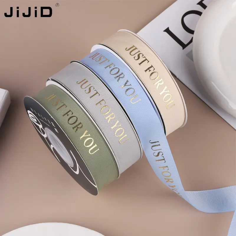 JijiD 개인화 된 그로스 그레인 벨벳 리본 브랜드 이름 로고 금박 인쇄 로고와 블랙 새틴 리본 테이프