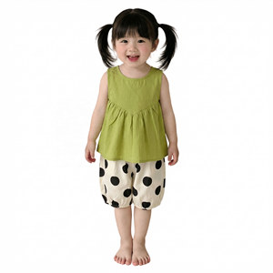 Set di <span class=keywords><strong>Abbigliamento</strong></span> Estivo per Bambine, Nuovo Completo Femminile con Canotta Senza Maniche + Pantaloni Casual a Pois, Set Due Pezzi - Product Image 1