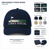Gorra de golf de cuerda azul marino al por mayor con visera curva, insignia de Links, paquete para eventos de resort para compradores de hostelería con etiqueta personalizada
