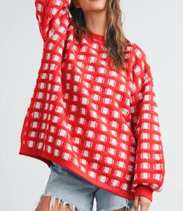 Usine de tricotage OEM en Chine, vente en gros personnalisée de pulls à col rond surdimensionnés et à carreaux en fourrure pour femmes - Product Image 2