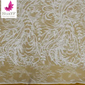 HY2410 White Chantilly lace fabric French tulle beaded sequined lace fabric for wedding evening dress from factory