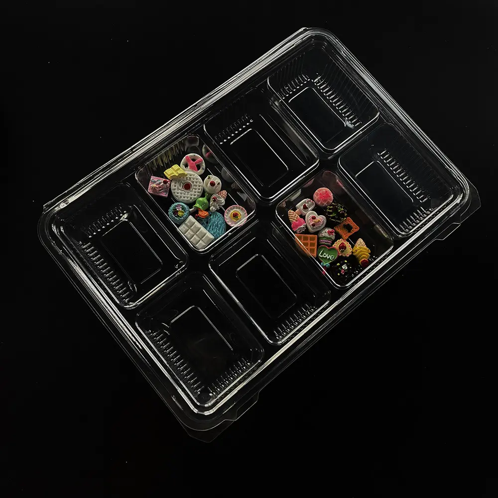 Disposable PET Plastic with hinged lid 8 com container Custom take away safe compartment box for bakery