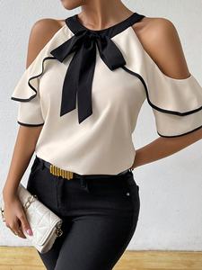 Elegante Blusa Estiva 2026 da Donna a Maniche Corte <span class=keywords><strong>con</strong></span> Doppio Strato e Colletto a Fiocco, Bluse Casual da Donna - Product Image 2