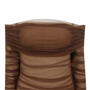 Nuevo vestido de moda elegante marrón fuera del hombro malla fruncida manga larga Midi Bodycon vestido - Product Image 6
