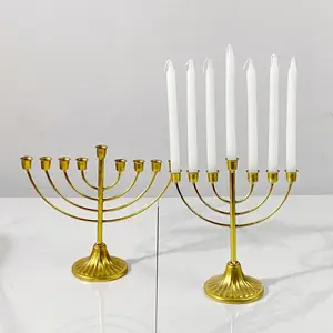 Minimalist Israel Gold Menorah Hanukkah 9 Head Candlestick Gold Vintage Iron Multi Head Candlestick Prayer Candle Holder