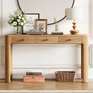 TREXM Rustic Console Table 3 Drawers Entryway Sofa Table with Curved <b>Corners</b> Sturdy Wood Design - Product Image 1