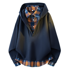 Sudadera con Capucha y Cuello de Camisa, Estilo Vintage, de Dos Piezas (Falso), para Hombre, Otoño y Primavera - Product Image 3