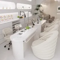 Table de manucure populaire blanc crème avec tiroir, plateau en ardoise, ensemble moderne pour salon de beauté et chaises de manucure