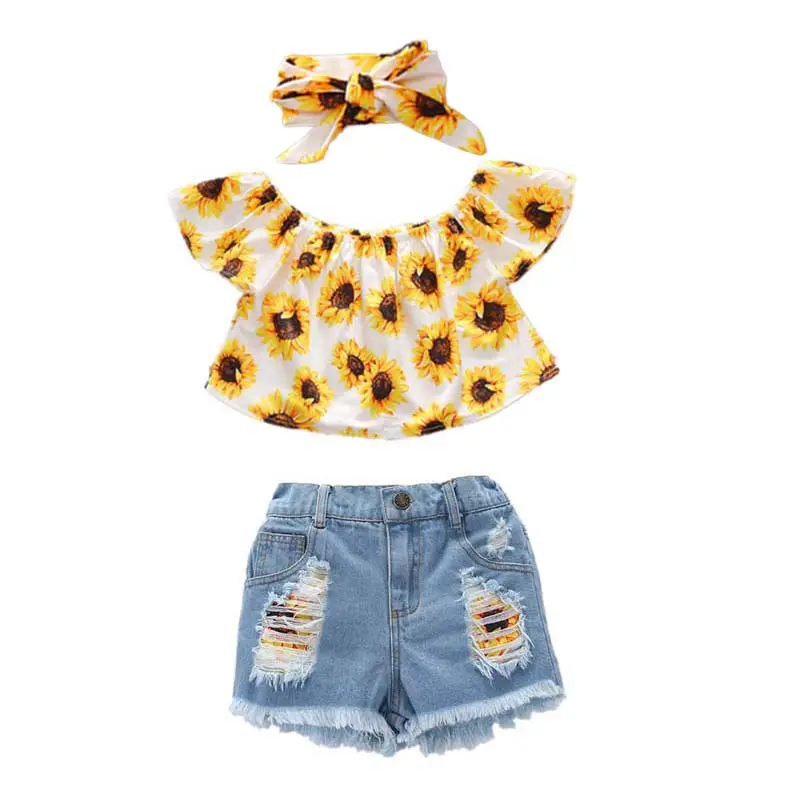Summer Little Toddler Off Shoulder Tops Ripped Denim Shorts Sets 3pcs kids outfit sets girls SADG-006