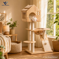 Arbre à chat en bois massif avec maison à pignon et capsule en acrylique, tour à chat avec perchoir et griffoir en sisal pour chats d'intérieur